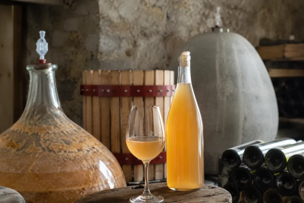 Bouteille de vin nature en cave de vinification artisanale avec fermentation naturelle et élevage peu interventionniste.